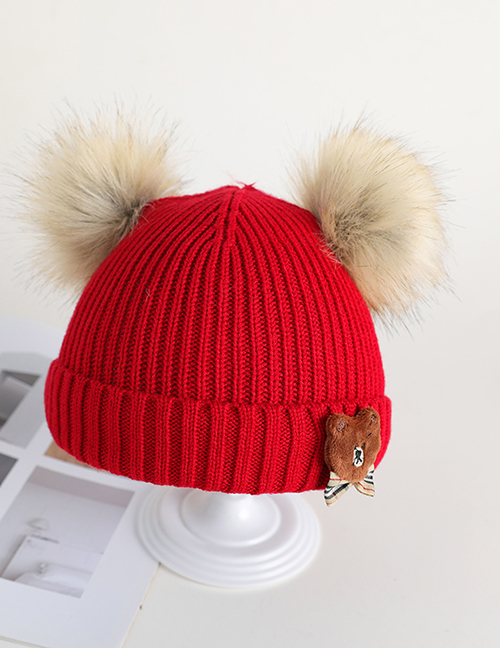 Fashion Red Fur Ball Bear Baby Hat