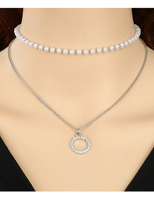 Fashion Hollow Circle Pearl And Diamond Openwork Necklace