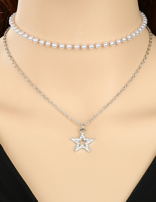 Fashion Hollow Stars Openwork Star Necklace With Pearls And Diamonds