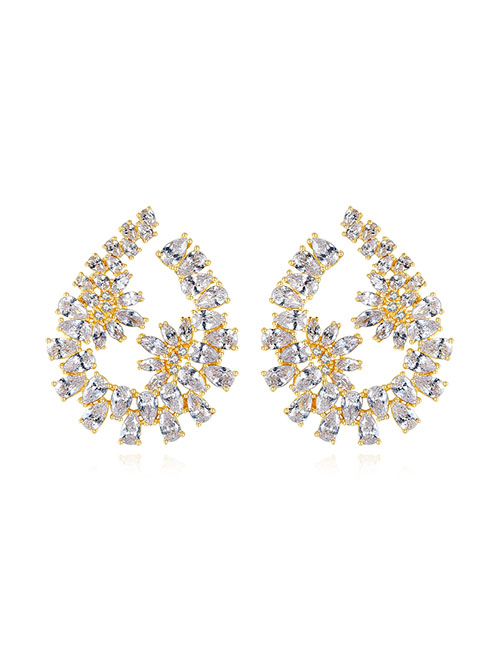 Fashion Golden Flower Geometric Earrings With Diamonds