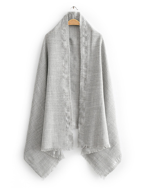 Fashion Gray Frayed Scarf With Silver Thread Border