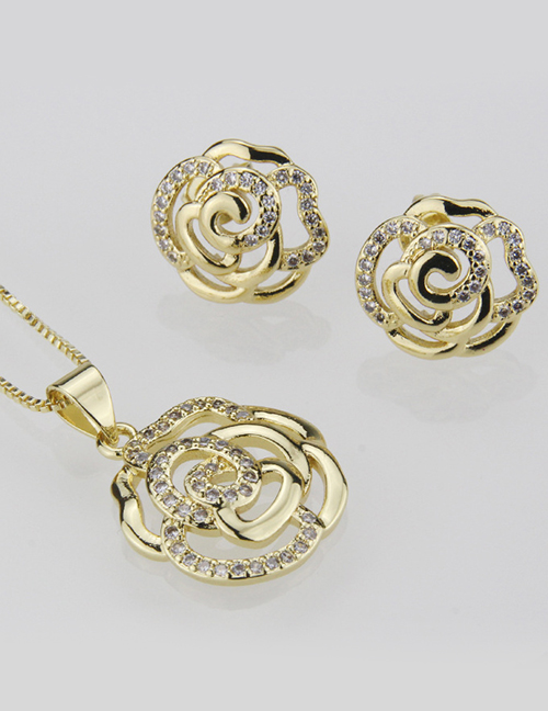 Fashion Gold-plated Rose Ear Stud Necklace Set With Diamonds