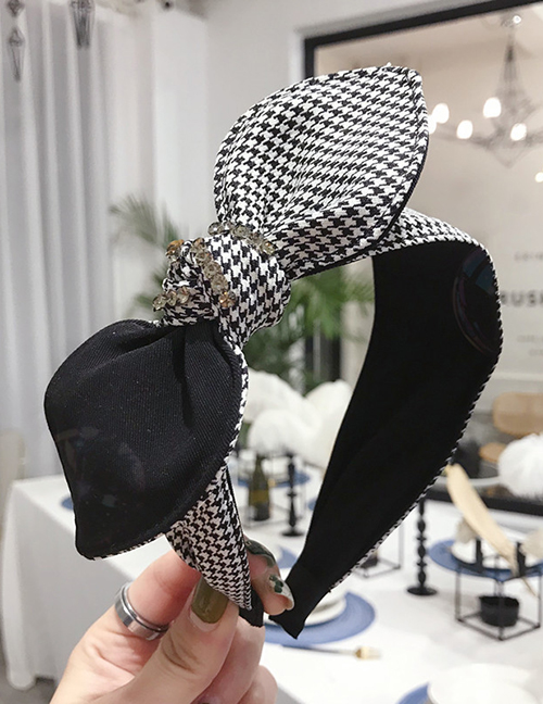 Fashion Black Houndstooth Knotted Bow Hoop With Diamonds