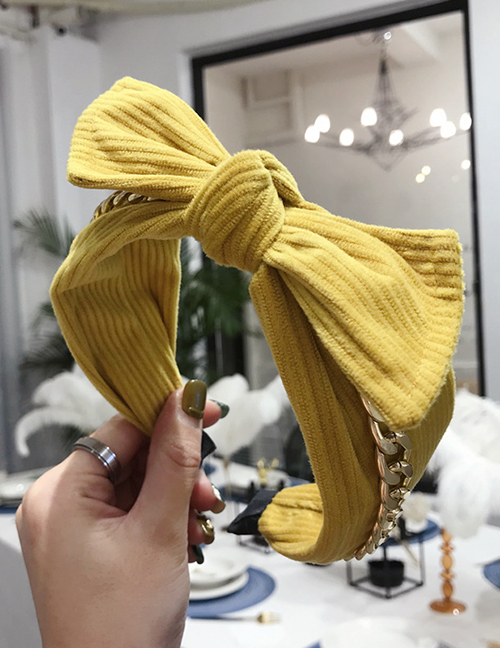 Fashion Yellow Striped Creased Chain Knotted Wide-edged Bow Headband