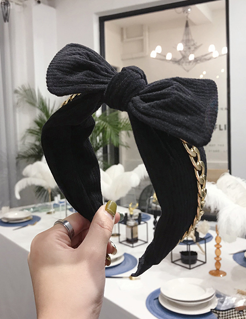 Fashion Black Striped Creased Chain Knotted Wide-edged Bow Headband