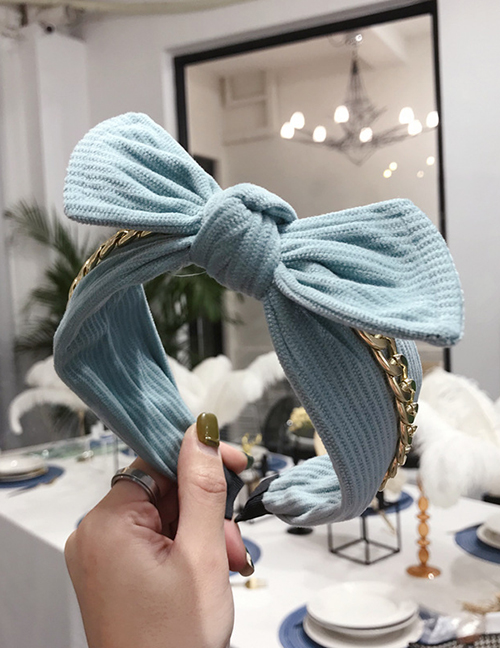 Fashion Water Blue Striped Creased Chain Knotted Wide-edged Bow Headband