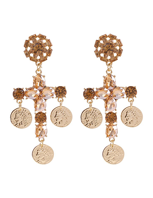 Fashion Champagne Round Cross Portrait Earrings With Diamonds
