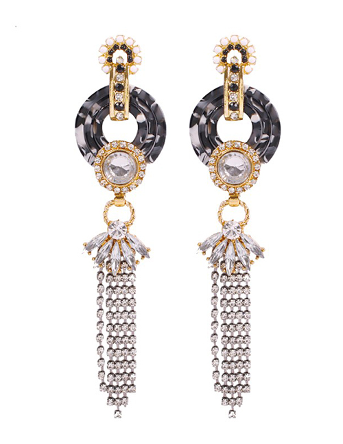 Fashion Black Resin Diamond Flower Tassel Earrings