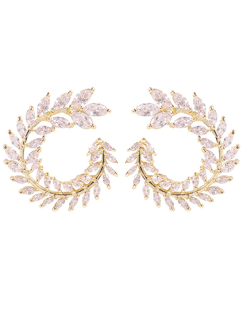 Fashion Round Leaf White Diamond C-shaped Earrings With Diamonds