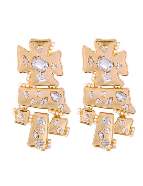Fashion Golden White Diamond Alloy Diamond And Pearl Geometric Earrings