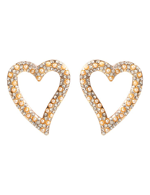 Fashion White Pearl Love Heart Pierced Earrings With Diamonds