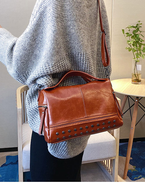 Fashion Light Brown Studded Zipped Shoulder Bag