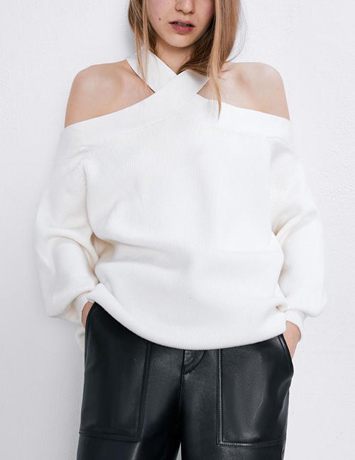 Fashion White Halter-paneled Off-the-shoulder Loose-fit Sweater