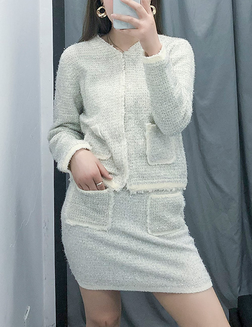 Fashion Creamy-white Panel Pocket Skirt Set