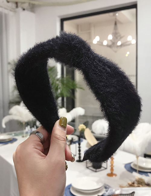 Fashion Black Frayed Mink Plush Wide-band Hairband