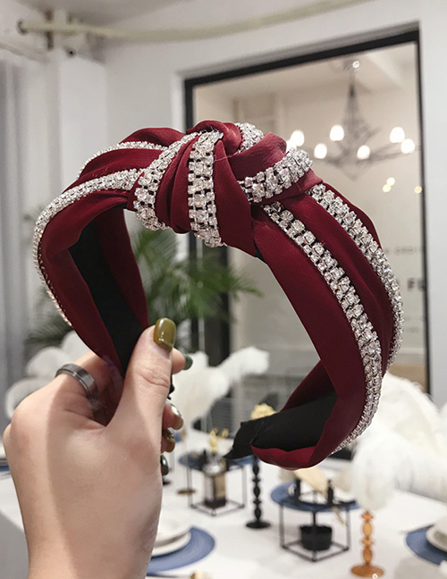Fashion Red Double Row Diamond Knotted Wide Edge Hair Band