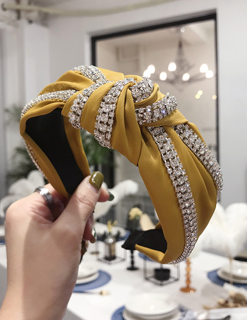 Fashion Yellow Double Row Diamond Knotted Wide Edge Hair Band