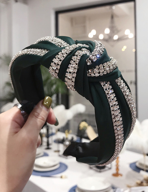 Fashion Green Double Row Diamond Knotted Wide Edge Hair Band