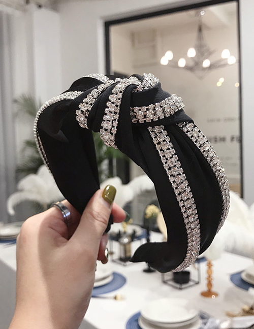 Fashion Black Double Row Diamond Knotted Wide Edge Hair Band