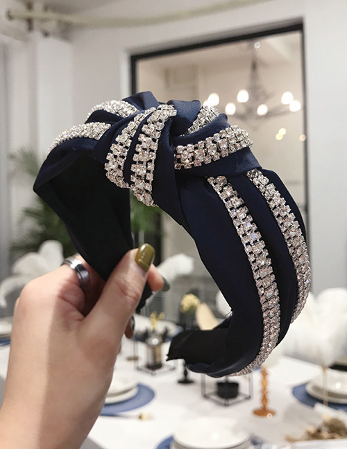 Fashion Navy Double Row Diamond Knotted Wide Edge Hair Band