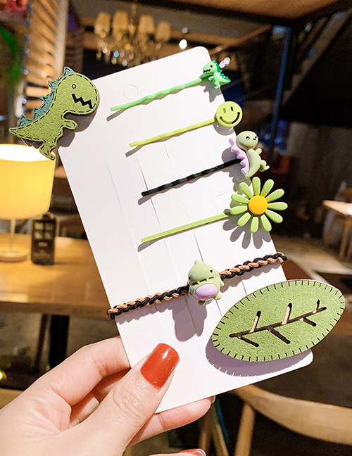 Fashion 5 # Green 7-piece Set Word Leaf Flowers Dinosaur Hair Clip Set