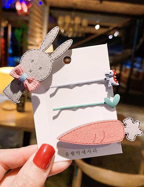 Fashion 8 # Gray Bunny Set Of 4 Word Carrot Rabbit Dinosaur Hair Clip Set