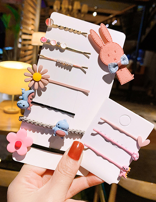 Fashion 9 # Pink 11 Piece Set Word Bunny Flowers Dinosaur Hair Clip Set