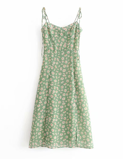 Fashion Green Open-back Halter Dress With Daisy Print