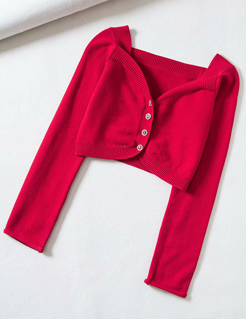 Fashion Red Button-neck Open-neck Cropped Sweater