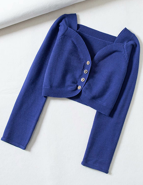 Fashion Blue Button-neck Open-neck Cropped Sweater