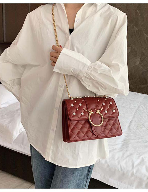 Fashion Red Wine Pearl Rhombus Chain Antler Shoulder Bag