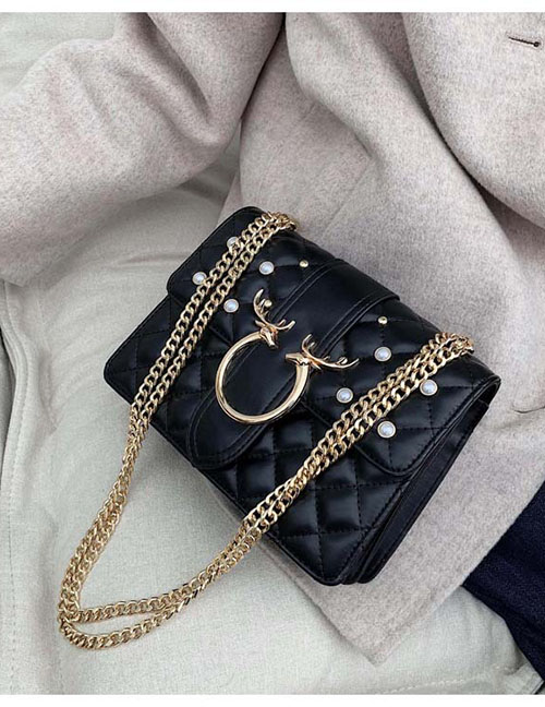 Fashion Black Pearl Rhombus Chain Antler Shoulder Bag