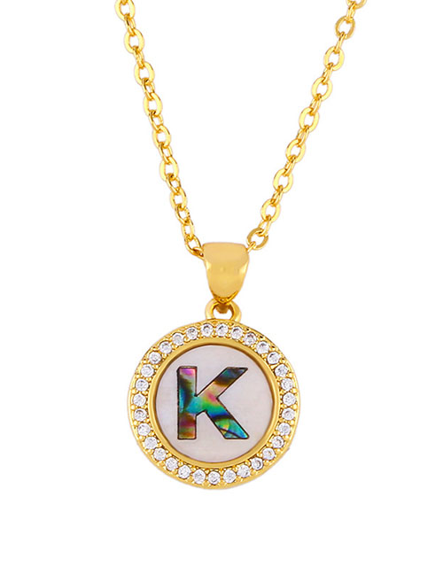 Fashion Golden K Alphabet Round Shell Diamond Necklace