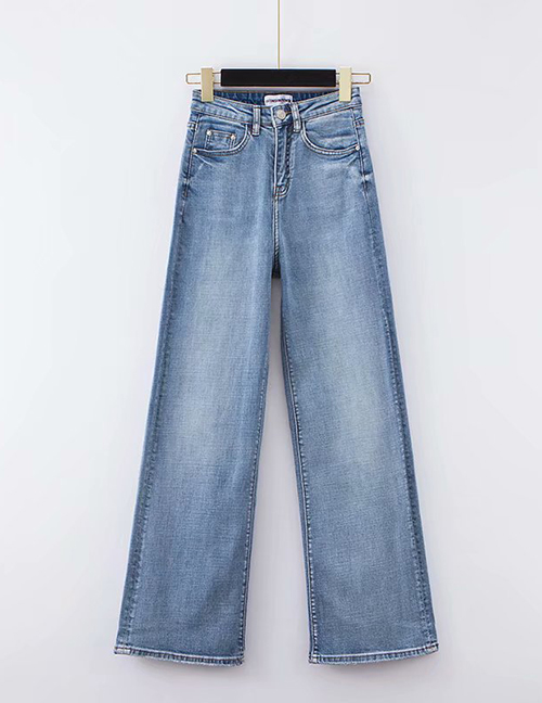 Fashion Blue Washed High-rise Stretch-slight Wide-leg Jeans