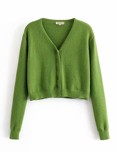 Fashion Green Knit V-neck Single-breasted Sweater