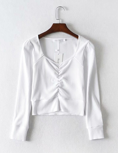 Fashion White Pleated Long Sleeve T-shirt