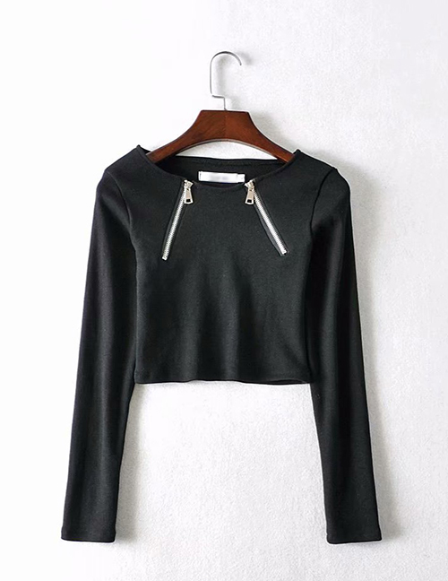 Fashion Black Double-zip Thread-knit Cropped T-shirt