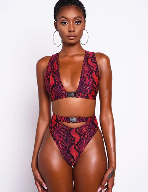 Fashion Red Snake-print Printed Cutout Split Swimsuit