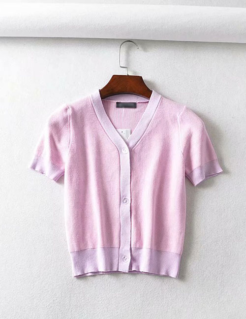 Fashion Pink Knitted Single-breasted V-neck Patchwork T-shirt