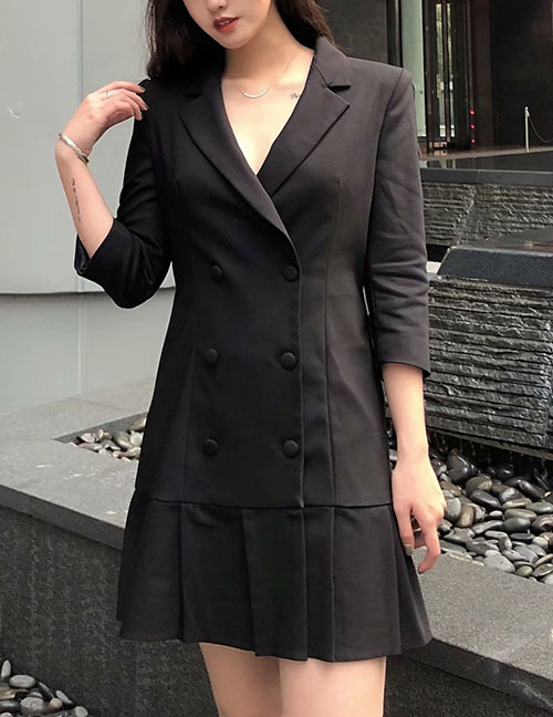 Fashion Black Pleated Double-breasted Dress