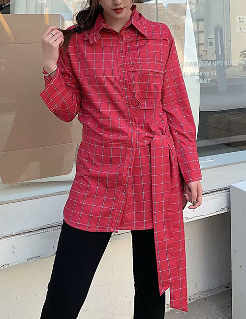 Fashion Red Plaid Printed Lace Shirt With Bow