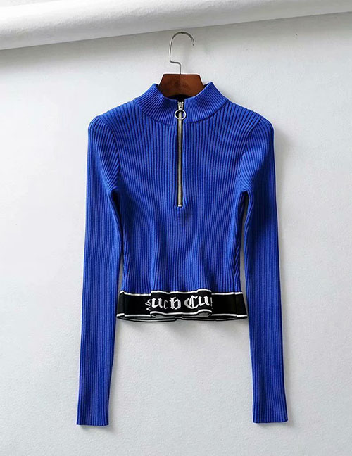 Fashion Blue Zip-up Stretch-web Stitching T-shirt