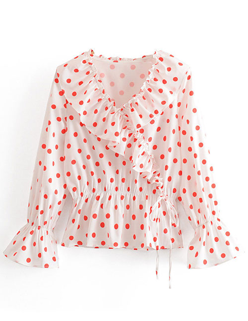 Fashion White Polka-dot Printed V-neck Ruffled Waist Shirt