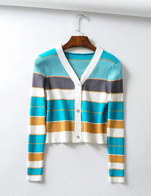 Fashion Green Striped V-neck Single-breasted Knitted Cardigan T-shirt