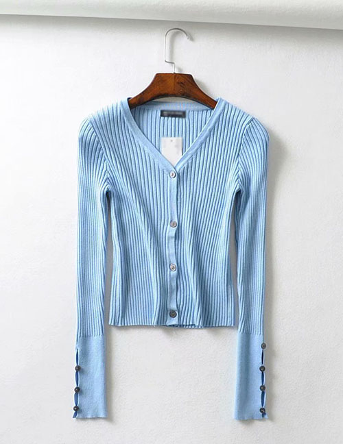 Fashion Blue V-neck Single-breasted Long-sleeved Button T-shirt