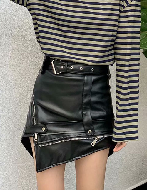 Fashion Black Irregular Belted Zip Skirt