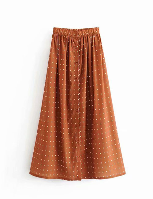 Fashion Brown Yellow Wavelet Dot Single Breasted Skirt