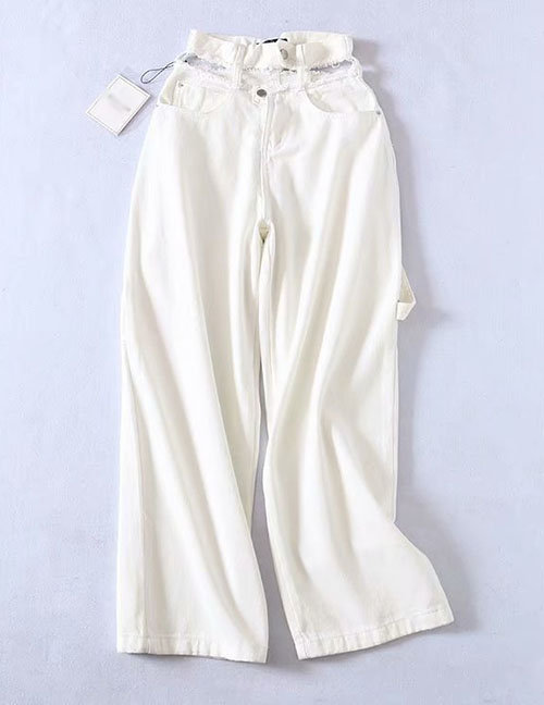 Fashion White Washed Cutout Denim Straight Pants