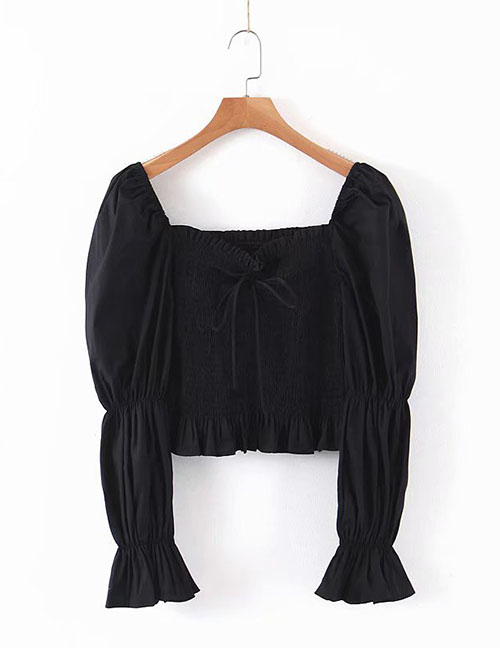 Fashion Black Puff Sleeve Generous Collar Lace-up Shirt