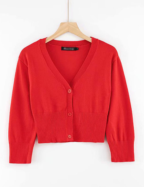 Fashion Red V-neck Single-breasted Knitted Cardigan With Three-quarter Sleeves And Three Buttons